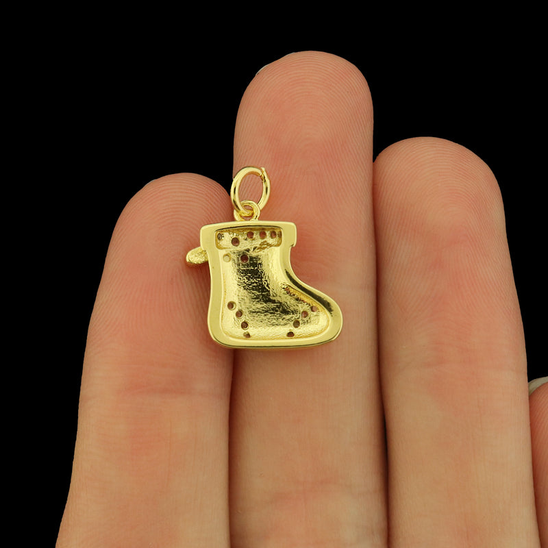 Christmas Stocking Gold Tone Enamel Charms with CZs - E1637