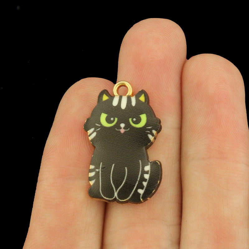 4 Black Cat Gold Tone Enamel Charms - Smiling Cat - E1640