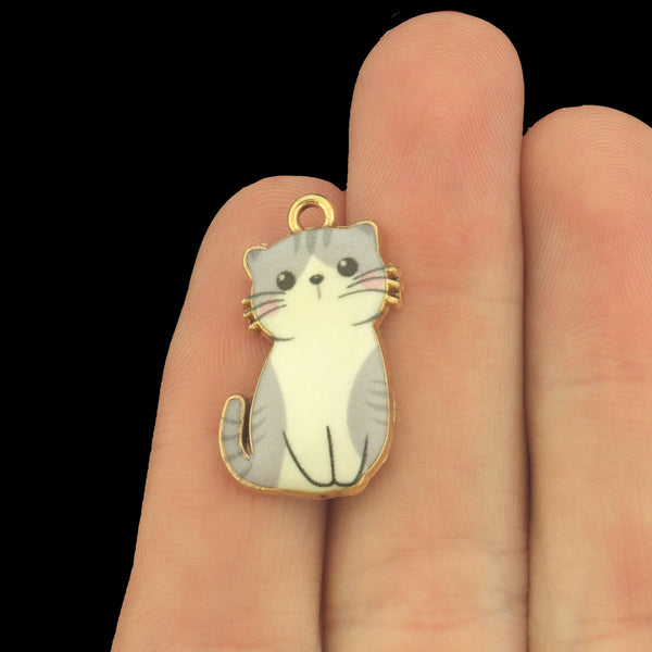 4 Grey Cat Gold Tone Enamel Charms - Grey Tabby Cat - E1641