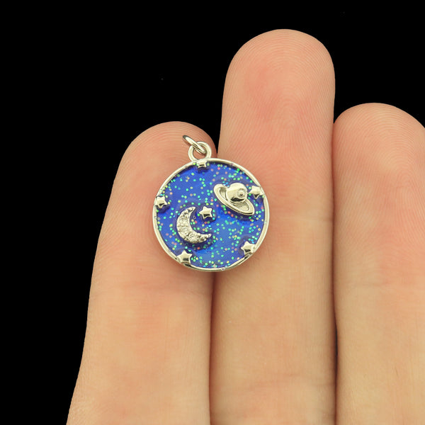 Galaxy Silver Tone Enamel Charms - Planet Pendant - E1653