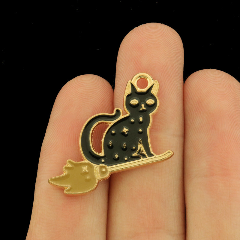 2 Cat Enamel Gold Tone Charms - Cat on Broom - E1654