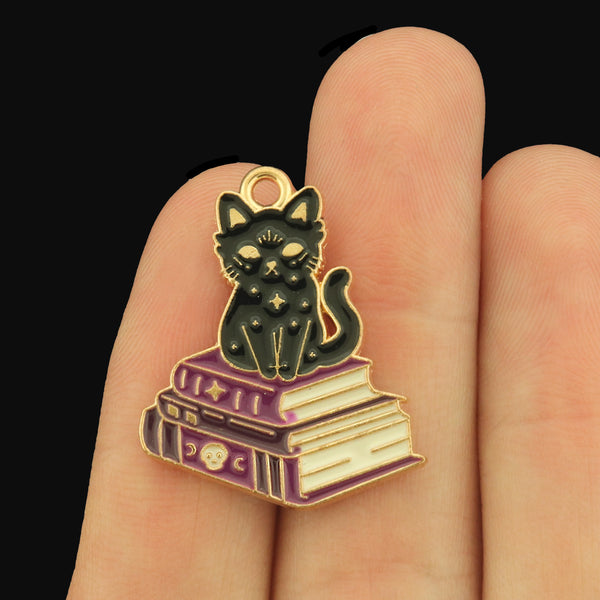 2 Cat Enamel Gold Tone Charms - Cat on Books - E1655