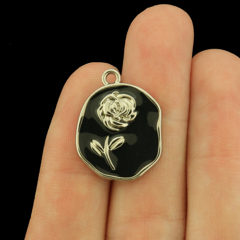 2 Rose Enamel Silver Tone Charms - Shiny Finish - E1659