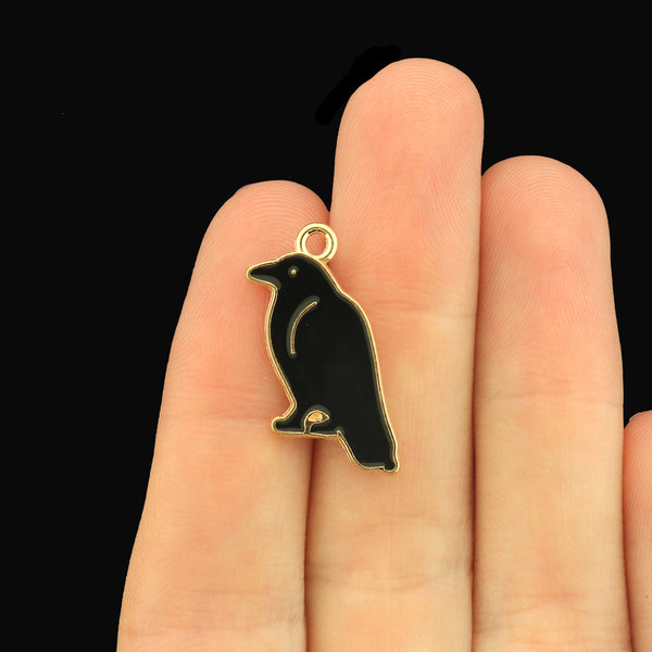 10 Crow Gold Tone Enamel Charms - Raven - E1660