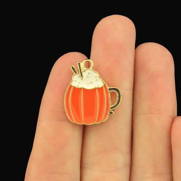 4 Pumpkin Spice Gold Tone Enamel Charms - E1661