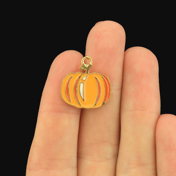 6 Pumpkin Gold Tone Enamel Charms - E1662