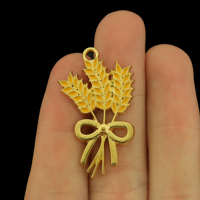 2 Wheat Gold Tone Enamel Charms - E1670