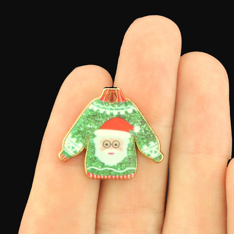 2 Christmas Sweater Gold Tone Enamel Charms - Santa - E1689