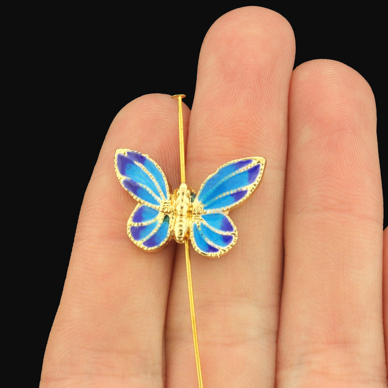 2 Butterfly Gold Tone Enamel Spacer Beads - Two Sided - E1690