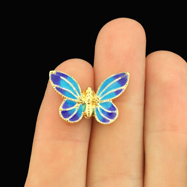 2 Butterfly Gold Tone Enamel Spacer Beads - Two Sided - E1690