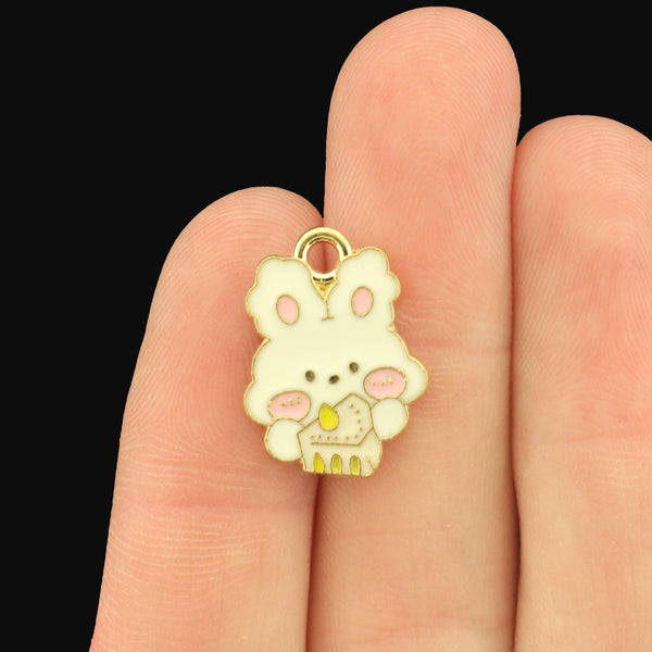 4 Fluffy Bunny Enamel Charms - Gold Tone - E1694