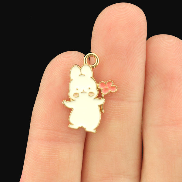 10 Bunny with Flower Enamel Charms - Gold Tone - E1695