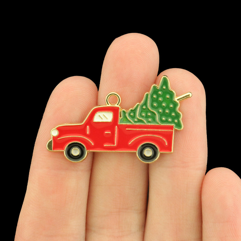 4 Red Truck Gold Tone Enamel Charms - Christmas Tree - E1698