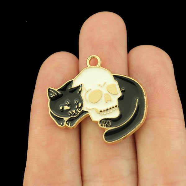 4 Black Cat with Skull Gold Tone Enamel Charms - E640