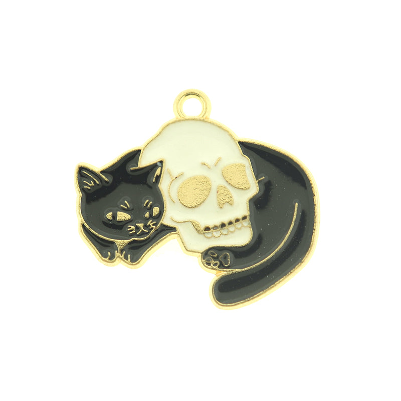 4 Black Cat with Skull Gold Tone Enamel Charms - E640