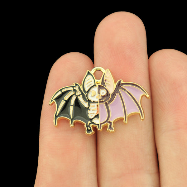 4 Skeleton Bat Gold Tone Enamel Charms - E650