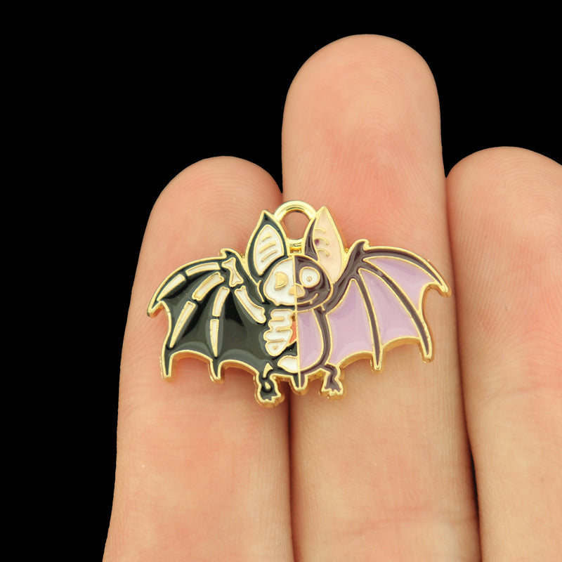 4 Skeleton Bat Gold Tone Enamel Charms - E650