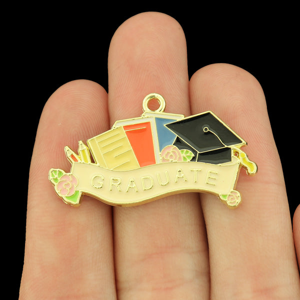 2 Graduate Gold Tone Enamel Charms - E658