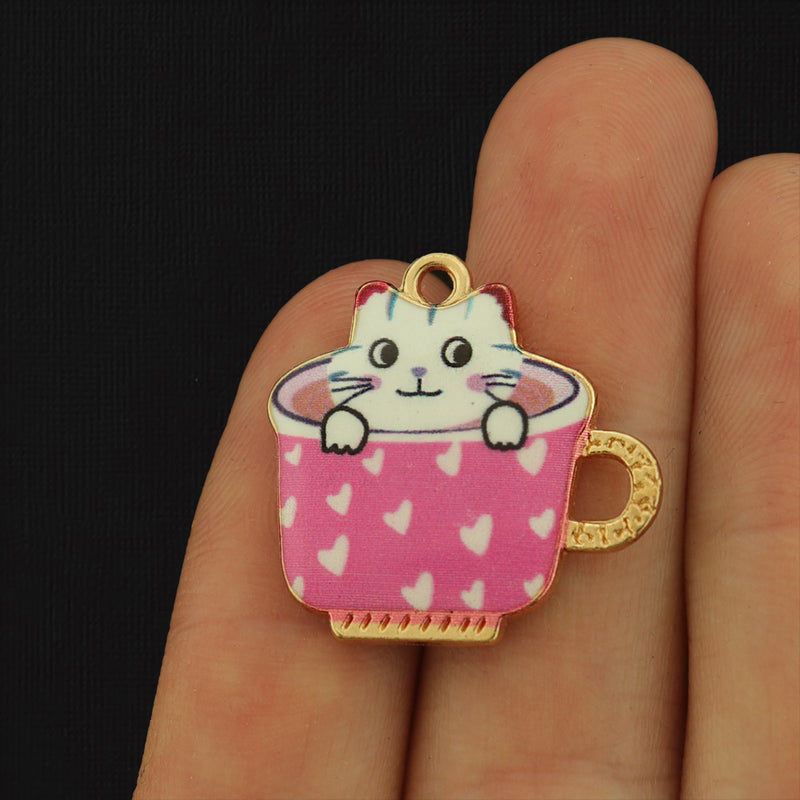 4 White Cat Gold Tone Enamel Charms - E999