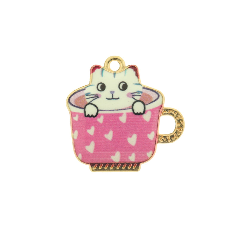 4 White Cat Gold Tone Enamel Charms - E999