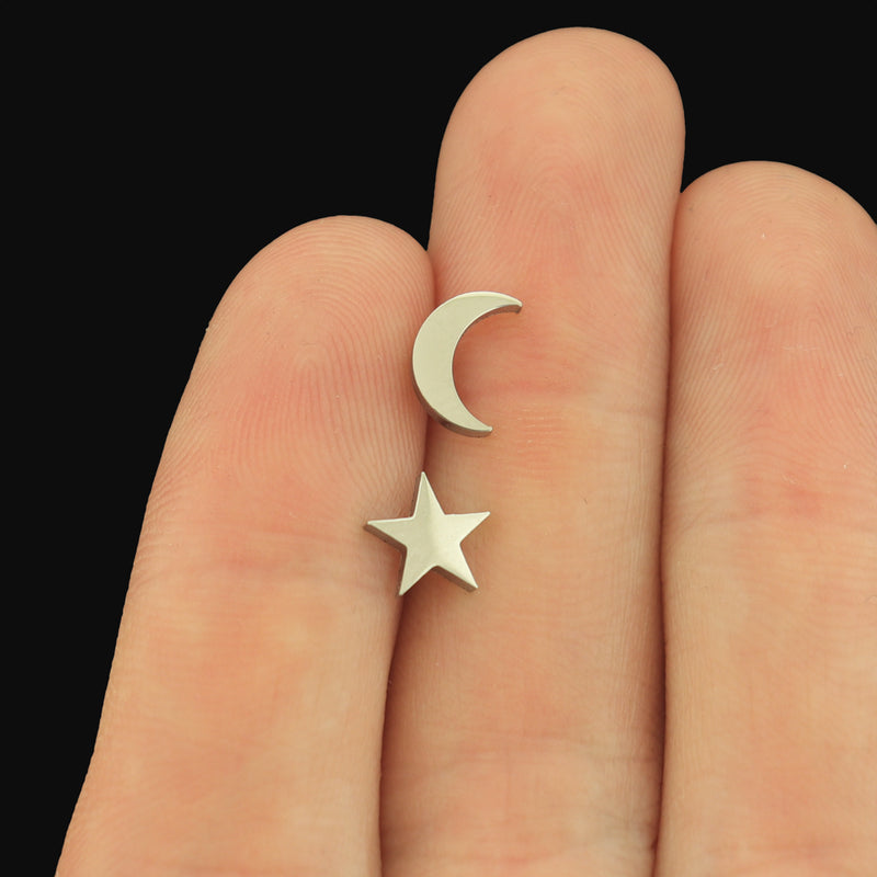 Stainless Steel Earrings - Moon and Star Studs - 7mm x 6mm and 8mm x 5mm - 2 Pieces 1 Pair - Choose Your Tone