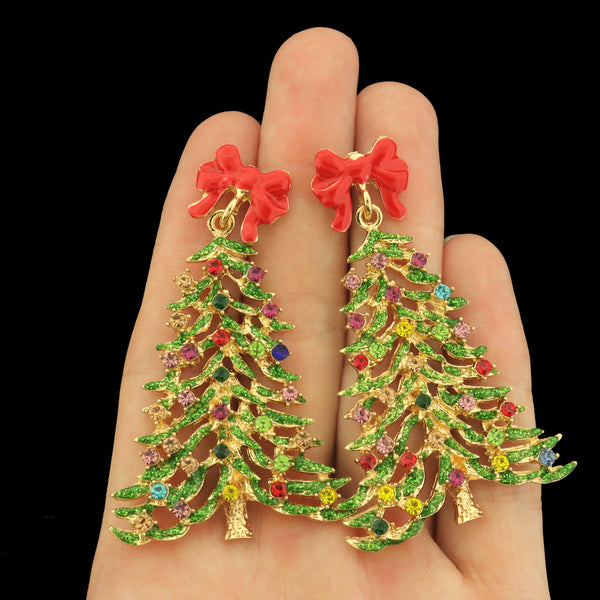 Christmas Tree Earrings - Super Colorful CZs with Bows - 1 Pair - ER1053