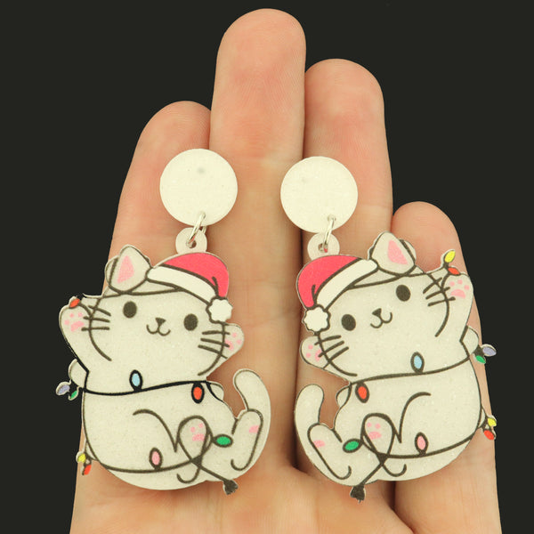 Christmas Cat Acrylic Earring Studs - 1 Pair - ER1079