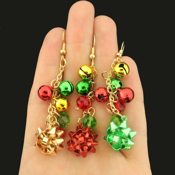 Christmas Bow Earrings with Bells - 1 Pair - Choose Your Color!