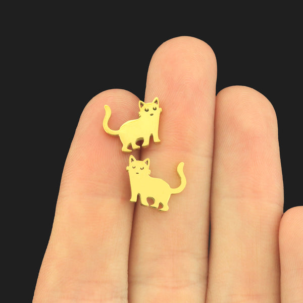 Standing Cat Gold Tone Stainless Steel Earring Studs - 1 Pair - ER327