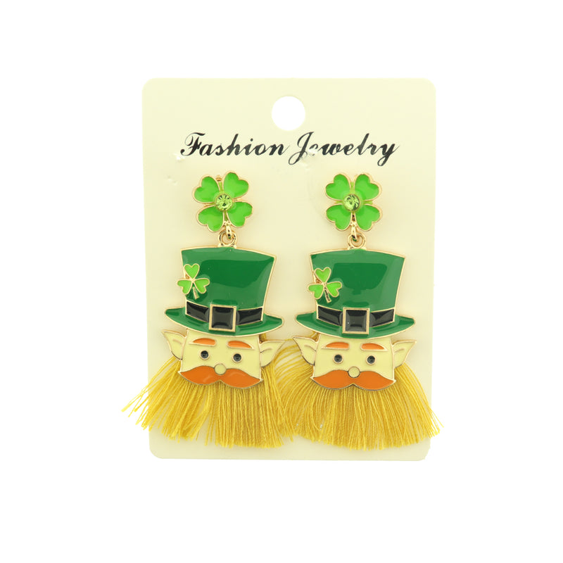 Enamel St. Patricks Day Leprechaun Dangle Earrings - Gold Tone Stud Style - 2 Pieces 1 Pair - ER618