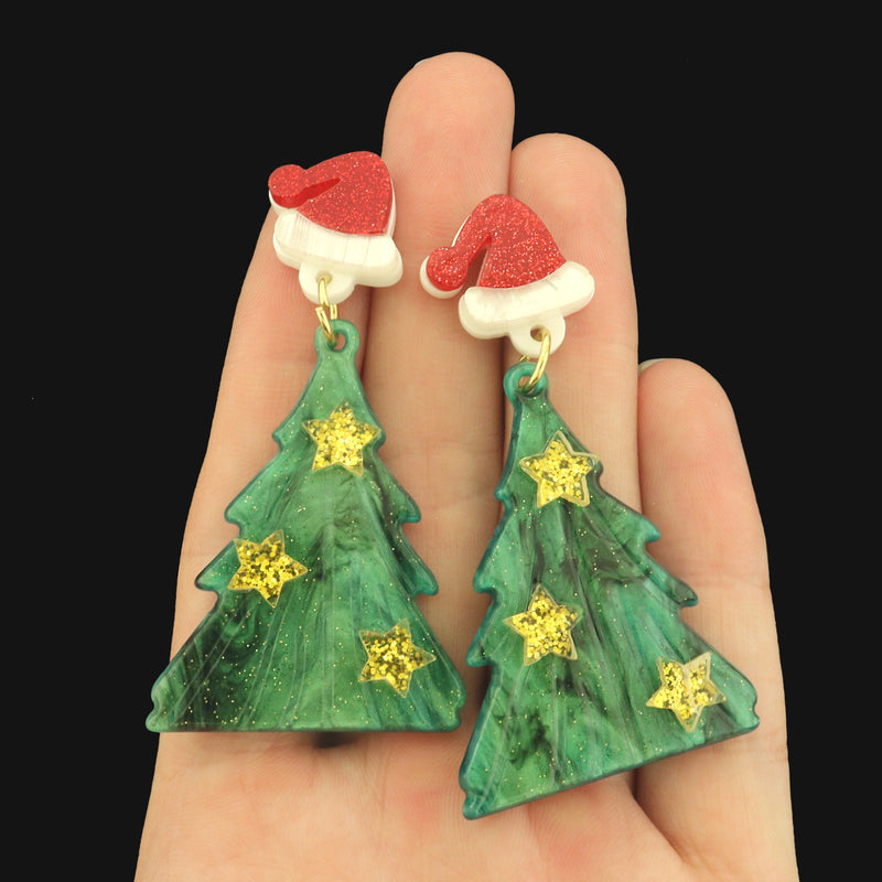 Christmas Tree Resin Earrings with Santa Hat - Choose Your Color - 1 Pair