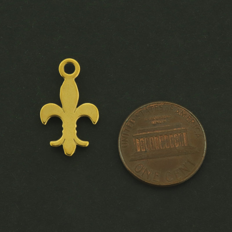 2 Fleur de Lis Charms - 18k Gold Plated Stainless Steel - Religious Pendant - GLD1075