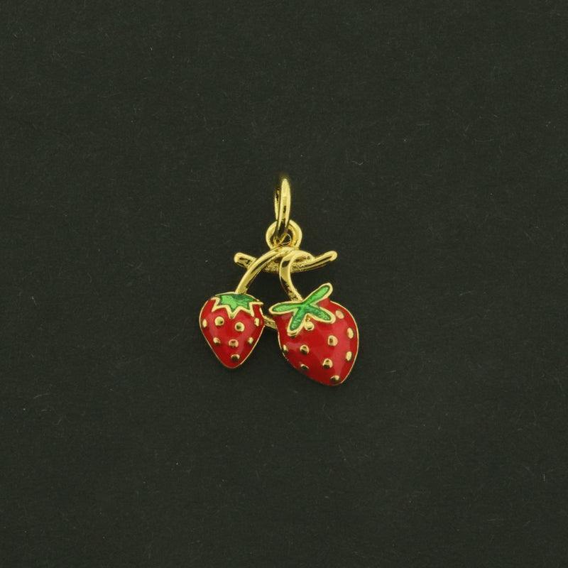 18k Strawberry Charms - 18k Plated Brass with Enamel - Fruit Pendant - GLD1083