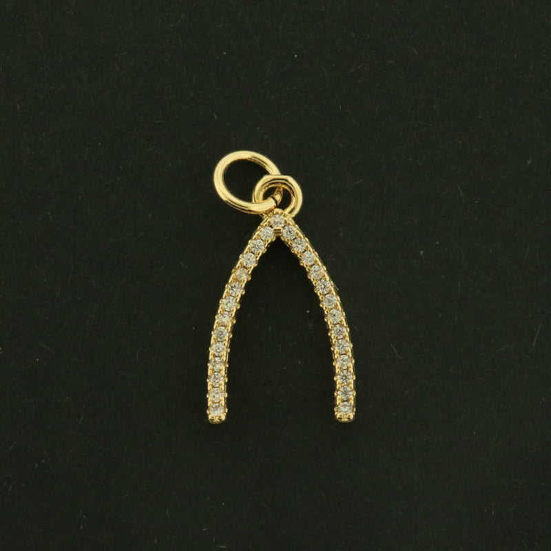 18k Wishbone Charm - 18k Gold Plated Brass with CZs - GLD1108