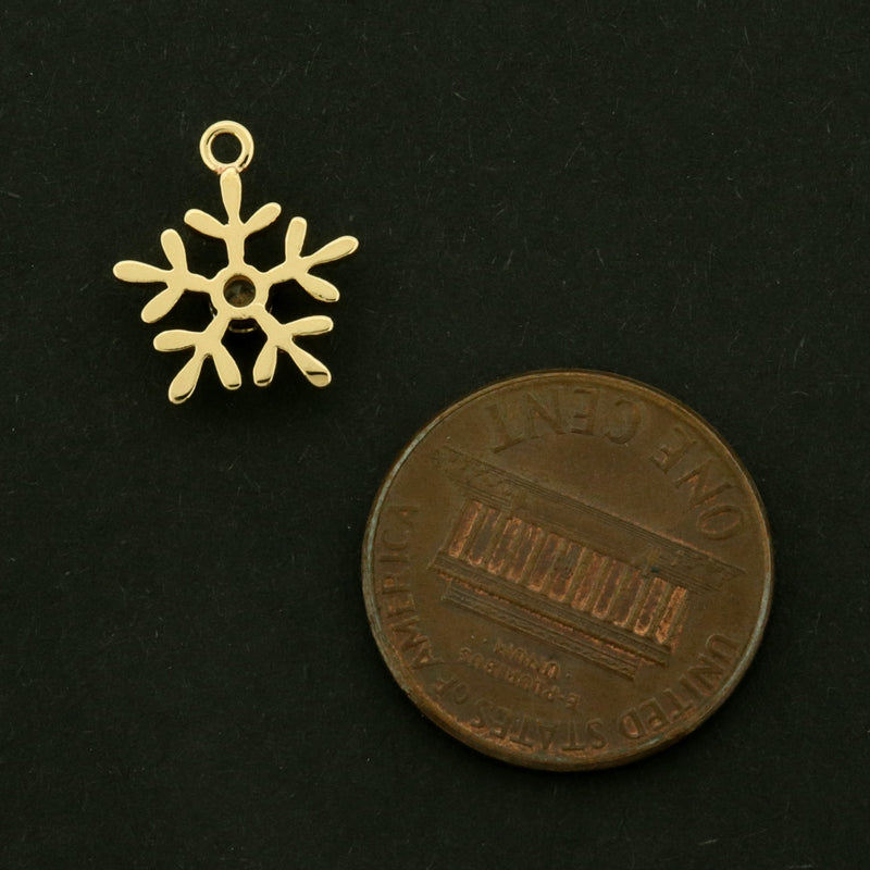 14k Snowflake Charm - 2 Charms - Winter Pendant - 14k Gold Plated Brass with CZs - GLD1155