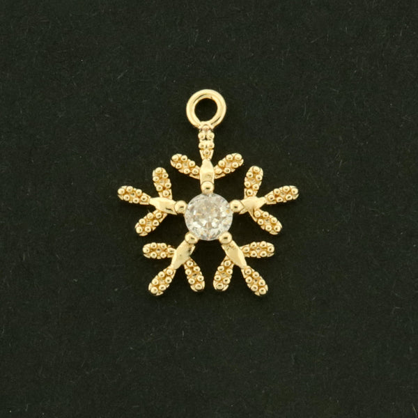 14k Snowflake Charm - 2 Charms - Winter Pendant - 14k Gold Plated Brass with CZs - GLD1155