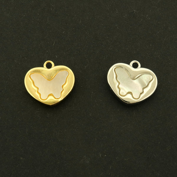 14k Butterfly Heart Charm - Choose Your Tone - Inset Shell Design