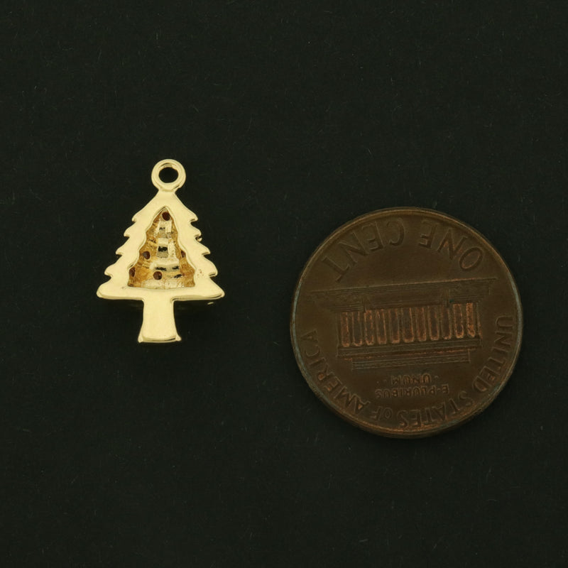 14k Christmas Tree Charm - 2 Charms - 14k Gold Plated Brass with CZs - GLD1159