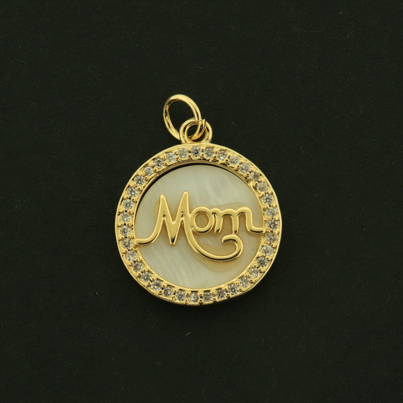 14k Mom Charm - Mother Pendant - 14k Gold Plated with Shell and CZs - GLD1173