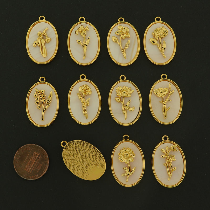 14k Birthflower Charms - Natural Shell Inlay - 14k Gold Plated Brass