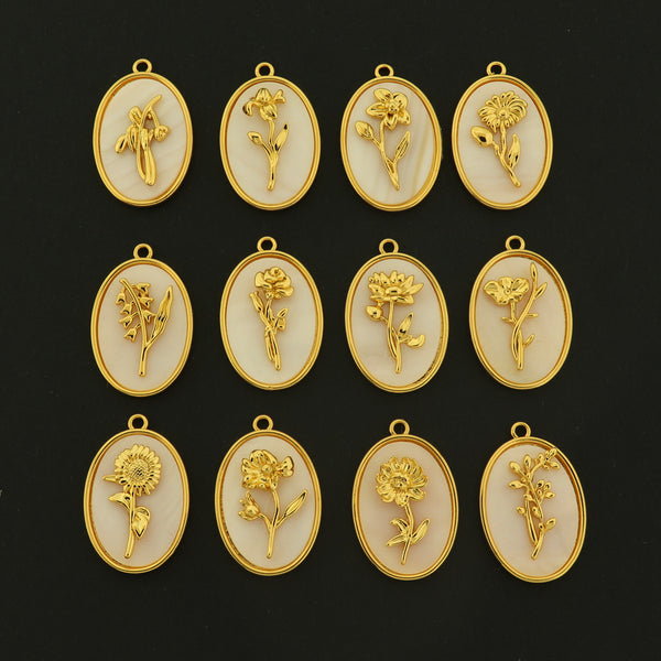 14k Birthflower Charms - Natural Shell Inlay - 14k Gold Plated Brass