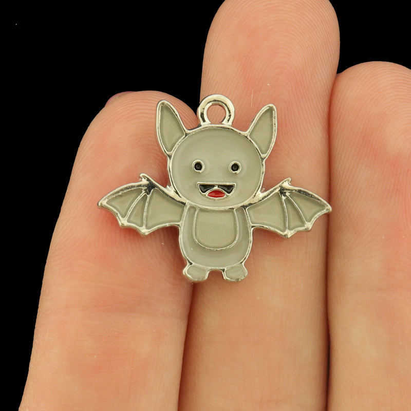 4 Bat Silver Tone Enamel Charms - Glow in the Dark! - E1678