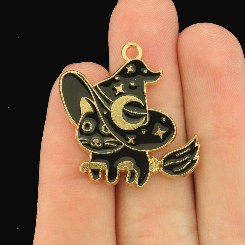 4 Black Cat Gold Tone Enamel Charms - Riding a Broom - E1686