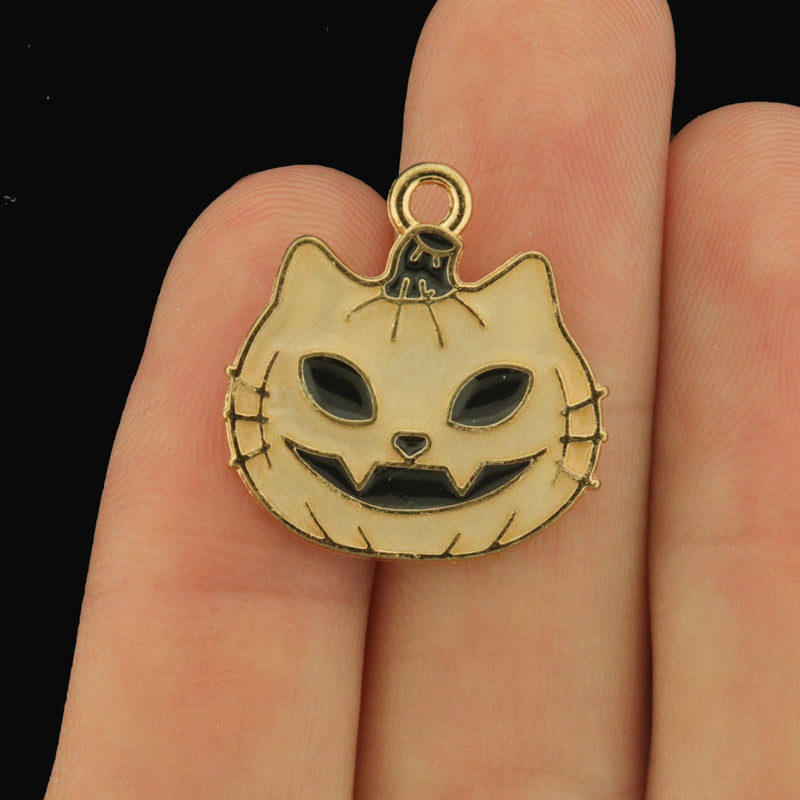 4 Smiling Cat Pumpkin Gold Tone Enamel Charms - Glow in the Dark! - E1687