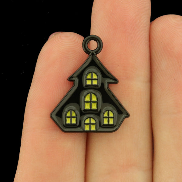 6 Haunted House Black Tone Enamel Charms - E1680