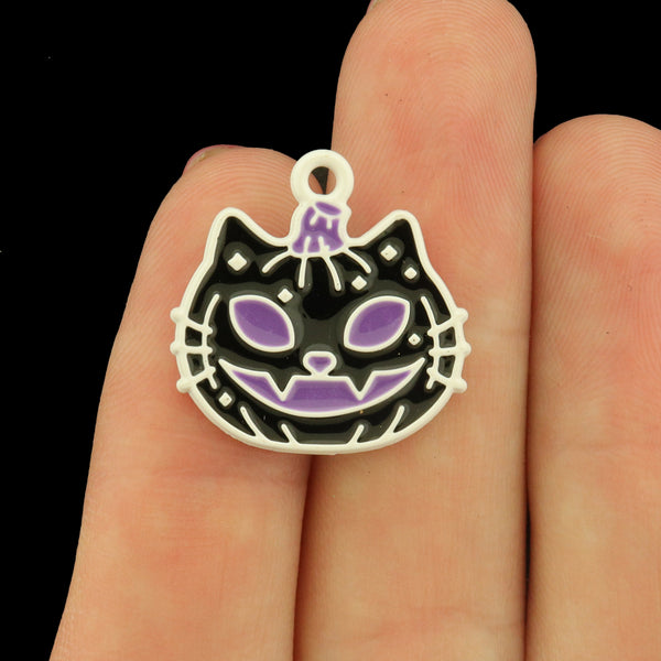 5 Smiling Black Cat Enamel Charms - E1638