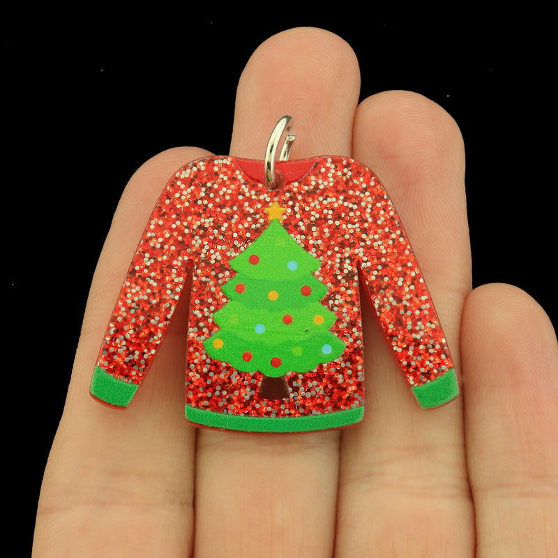 2 Christmas Tree Sweaters Acrylic Charms - K357