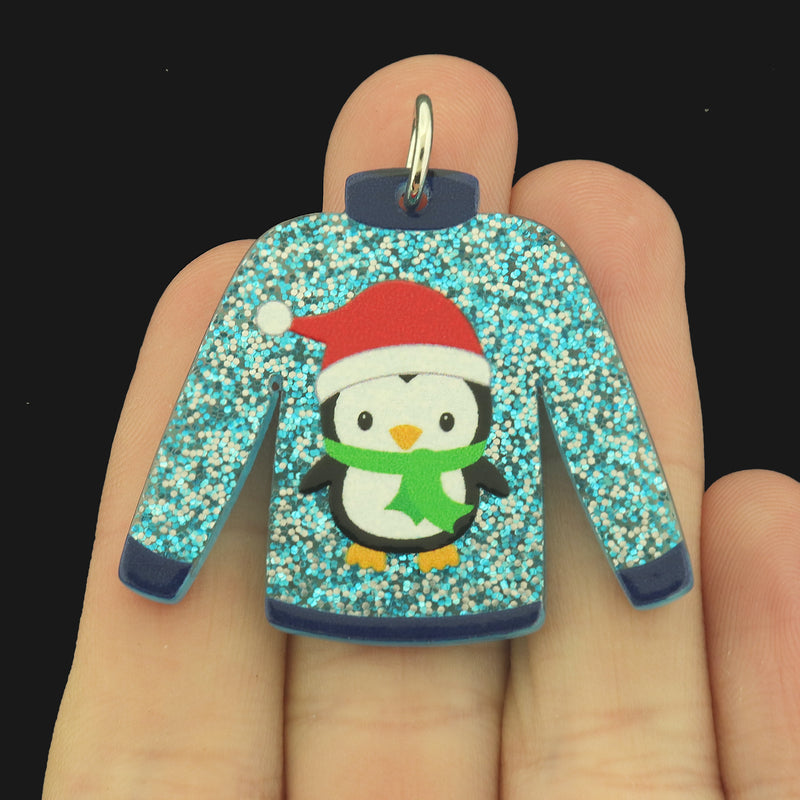 2 Christmas Penguin Sweaters Acrylic Charms - K358