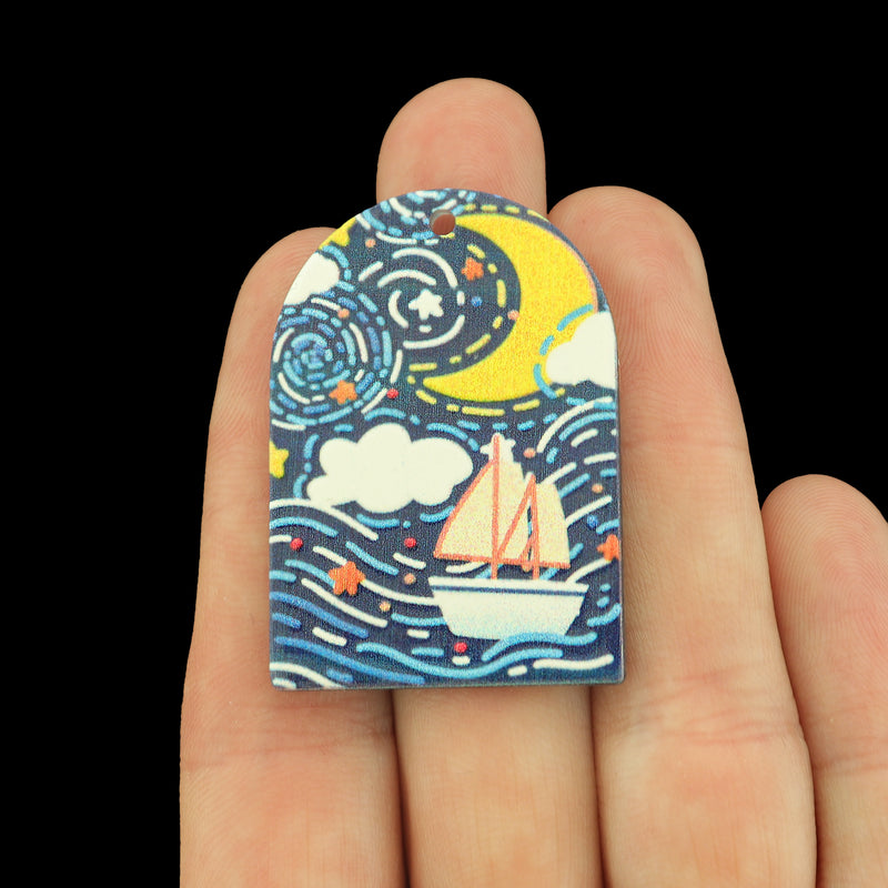 2 Moonlit Boat Scene Acrylic Charms 2 Sided - K382