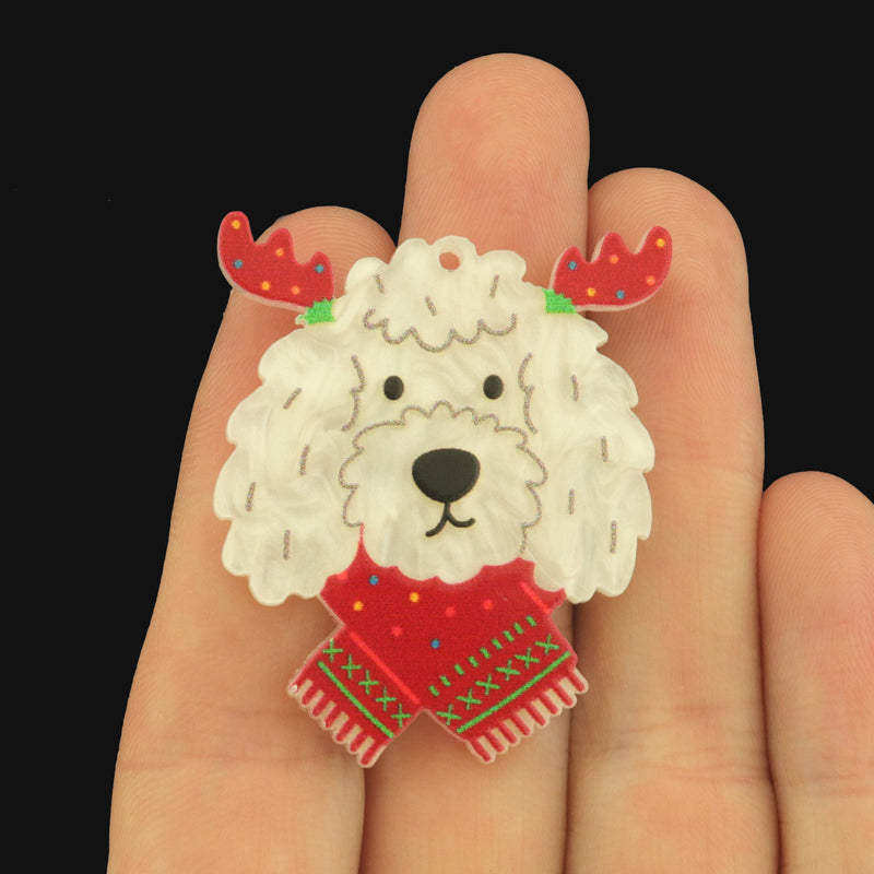 4 Christmas Poodle Acrylic Charms - Festive Antlers and Scarf - K620